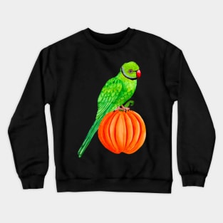 Cute Halloween Ringneck Parrot on Autumn Pumpkin Crewneck Sweatshirt